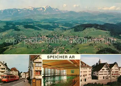 AK / Ansichtskarte Speicher_AR Panorama Appenzellerland Alpen Fliegeraufnahme Strassenbahn Hallenbad Ortsmotiv Speicher AR
