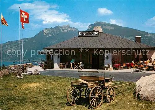 AK / Ansichtskarte Aeschiried Restaurant Chemihuette Pferdekutsche Blick auf Thunersee Alpen Schweizer Flagge Aeschiried