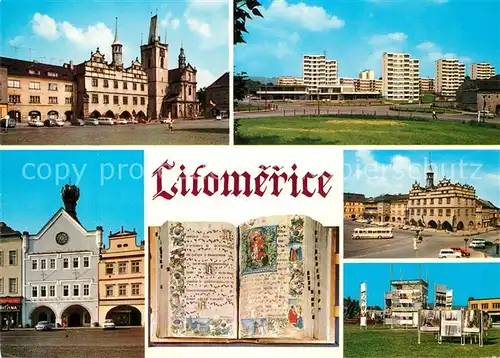 AK / Ansichtskarte Litomerice_Leitmeritz_Nordboehmen Platz Siedlung Hochhaeuser Rathaus Ausstellung Altes Buch Litomerice_Leitmeritz