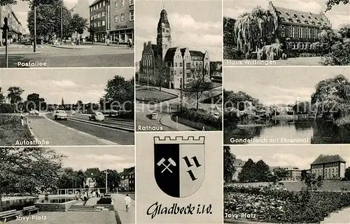 AK / Ansichtskarte Gladbeck Postallee Autostrasse Jovy Platz Rathaus Haus Wittringen Gondelteich Ehrenmal Gladbeck