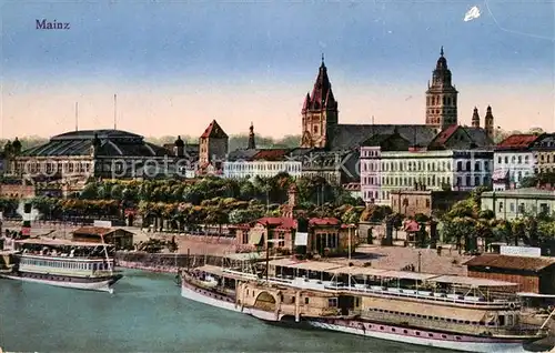 AK / Ansichtskarte Mainz_Rhein Panorama Blick ueber den Rhein zum Dom Rheindampfer Mainz Rhein