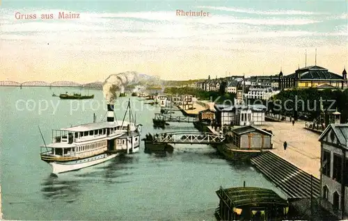AK / Ansichtskarte Mainz_Rhein Rheinufer Bootsanleger Dampfer Mainz Rhein
