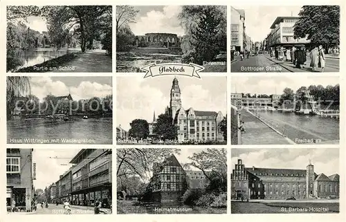 AK / Ansichtskarte Gladbeck Schlosspartie Ehrenmal Bottroper Strasse Haus Wittringen Rathaus Freibad Heimatmuseum St Barbara Hospital Gladbeck