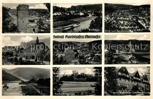 AK / Ansichtskarte Karlshafen_Bad Hugenottenturm Kurhaus Juliushoehe Rathaus Wesertal Dampfer Weserpromenade Krukenburgruine Eisenbahner Erholungsheim Karlshafen_Bad