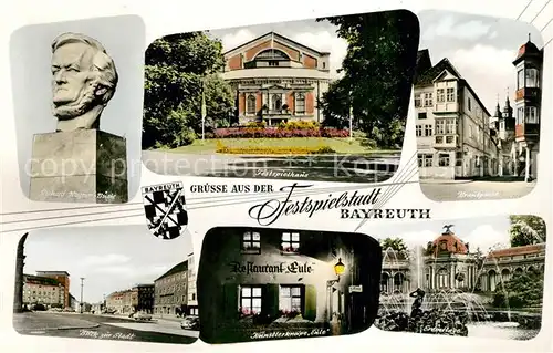 AK / Ansichtskarte Bayreuth Ortspartie Brautgasse Kuenstlerkneipe Eule Festspielhaus Bahnhofstr  Wagner Bueste Eremitage Bayreuth
