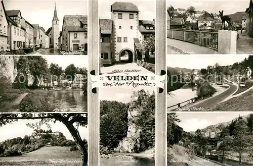 AK / Ansichtskarte Velden_Mittelfranken Marktplatz Altes Stadttor Bruecke Muehle Pegnitzpartie Burg Hartenstein Loewenfels  Velden Mittelfranken