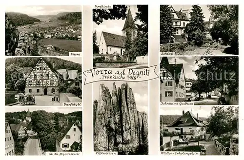 AK / Ansichtskarte Vorra_Pegnitz Kirche Schloss Dorfidyll Schramms Gasthaus Pegnitzbruecke Rifflerfelsen Muetter Erholungsheim Vorra Pegnitz