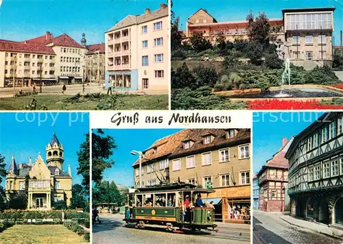 AK / Ansichtskarte Nordhausen_Thueringen Rautenstrasse Gaststaette Stadt Terrasse Meyenburgmuseum  Hist Strassenbahn Barfuesserstrasse Nordhausen Thueringen