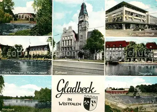 AK / Ansichtskarte Gladbeck Ehrenmal Heimatmuseum Rathaus Kaufhaus Althoff Jovyplatz Nordpark Schwimmbad Gladbeck