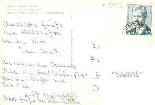 AK / Ansichtskarte Ebeleben_Thueringen Goethestrasse Markt Rathaus Springbrunnen Thomas Muentzer Siedlung Schwimmbad Ebeleben_Thueringen