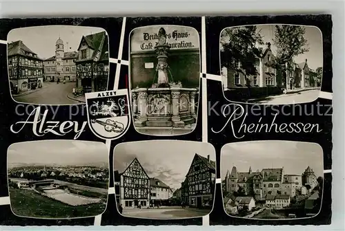 AK / Ansichtskarte Alzey Altstadt Fachwerkhaeuser Schloss Voelkerbrunnen Freibad Bromsilber Alzey