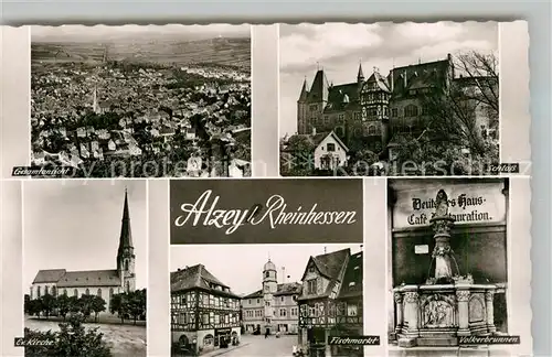 AK / Ansichtskarte Alzey Fliegeraufnahme Schloss Voelkerbrunnen Fischmarkt Deutsches Haus Fachwerkhaus Kirche Alzey