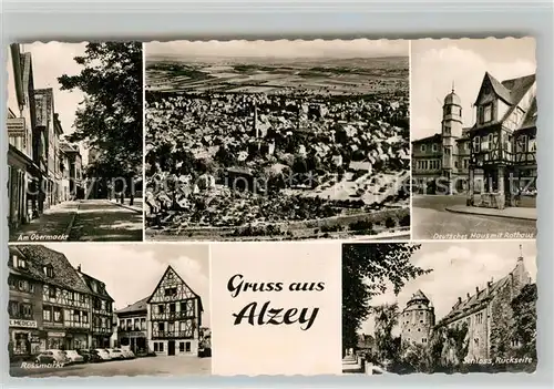 AK / Ansichtskarte Alzey Obermarkt Deutsches Haus Fachwerkhaus Rathaus Schloss Rossmarkt Fliegeraufnahme Alzey