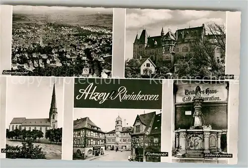 AK / Ansichtskarte Alzey Fliegeraufnahme Schloss Voelkerbrunnen Fischmarkt Deutsches Haus Fachwerkhaus Kirche Alzey