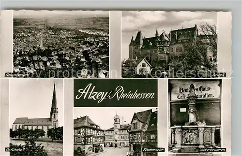 AK / Ansichtskarte Alzey Fliegeraufnahme Schloss Voelkerbrunnen Fischmarkt Deutsches Haus Fachwerkhaus Kirche Bromsilber Alzey