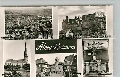 AK / Ansichtskarte Alzey Fliegeraufnahme Schloss Voelkerbrunnen Fischmarkt Deutsches Haus Fachwerkhaus Kirche Bromsilber Alzey