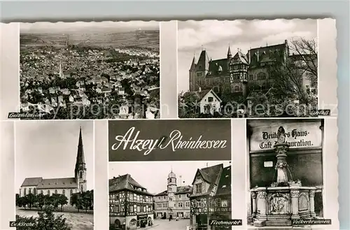 AK / Ansichtskarte Alzey Fliegeraufnahme Schloss Voelkerbrunnen Fischmarkt Deutsches Haus Fachwerkhaus Kirche Bromsilber Alzey