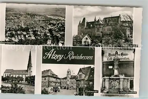 AK / Ansichtskarte Alzey Fliegeraufnahme Schloss Voelkerbrunnen Fischmarkt Deutsches Haus Fachwerkhaus Kirche Bromsilber Alzey