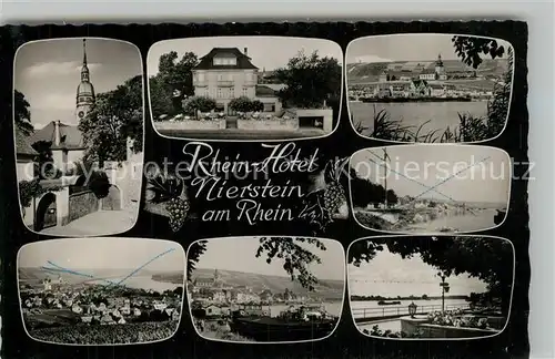 AK / Ansichtskarte Nierstein_Rhein Rheinhotel Kirche Uferpartie am Rhein Frachtkahn Panorama Bromsilber Nierstein_Rhein