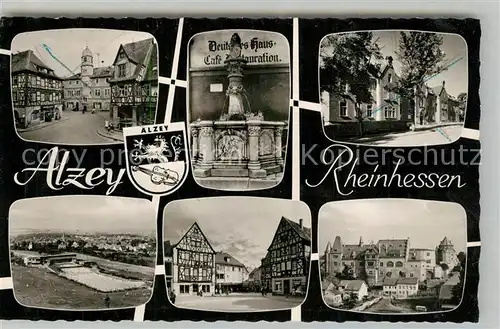 AK / Ansichtskarte Alzey Fischmarkt Deutsches Haus Fachwerkhaus Voelkerbrunnen Schloss Freibad Bromsilber Alzey