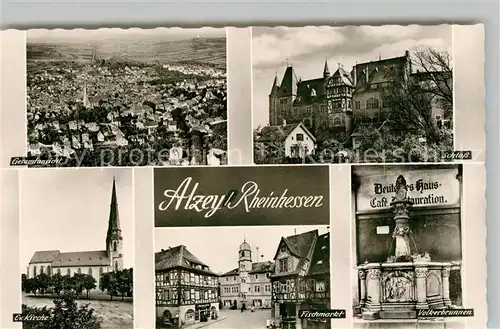 AK / Ansichtskarte Alzey Fliegeraufnahme Schloss Voelkerbrunnen Fischmarkt Deutsches Haus Fachwerkhaus Kirche Bromsilber Alzey