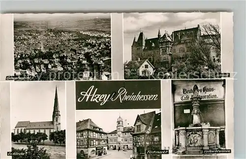 AK / Ansichtskarte Alzey Fliegeraufnahme Schloss Voelkerbrunnen Fischmarkt Deutsches Haus Fachwerkhaus Kirche Bromsilber Alzey