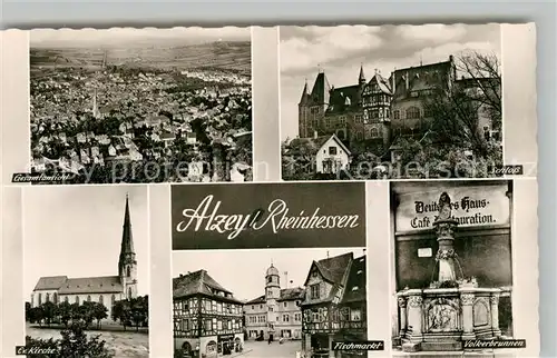 AK / Ansichtskarte Alzey Fliegeraufnahme Schloss Voelkerbrunnen Fischmarkt Deutsches Haus Fachwerkhaus Kirche Bromsilber Alzey