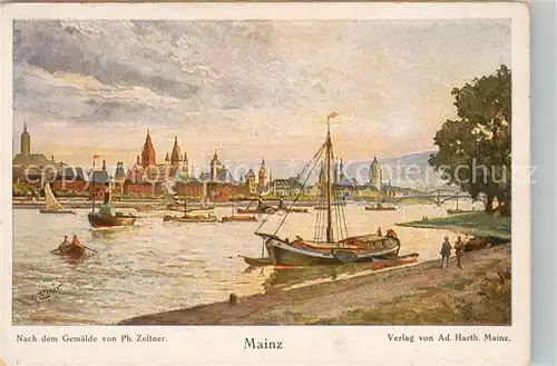 AK / Ansichtskarte Mainz_Rhein Uferpartie am Rhein mit Blick zur Stadt Gemaelde von Ph. Zeltner Kuenstlerkarte Mainz Rhein