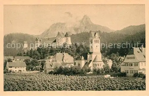 AK / Ansichtskarte Fuessen_Allgaeu mit prot Kirche Schloss und Saeuling Fuessen Allgaeu