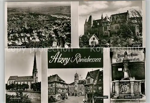 AK / Ansichtskarte Alzey Fliegeraufnahme Schloss Voelkerbrunnen Fischmarkt Deutsches Haus Fachwerkhaus Kirche Bromsilber Alzey