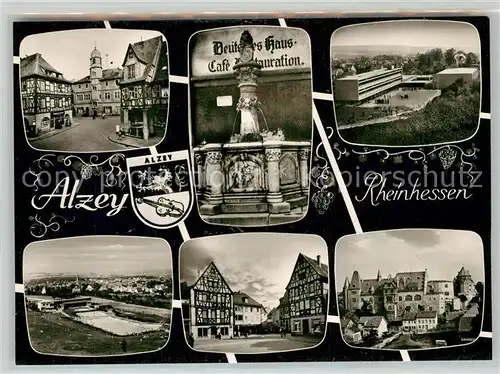 AK / Ansichtskarte Alzey Fischmarkt Deutsches Haus Fachwerkhaus Voelkerbrunnen Schule Schloss Freibad Bromsilber Alzey