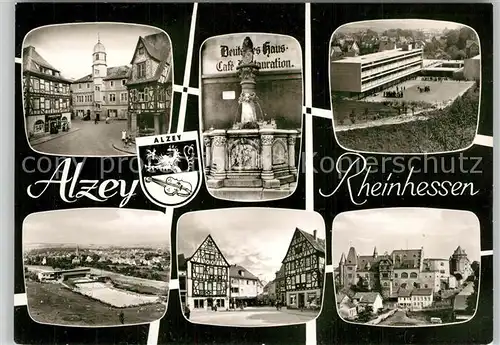 AK / Ansichtskarte Alzey Fischmarkt Deutsches Haus Fachwerkhaus Voelkerbrunnen Schule Schloss Freibad Bromsilber Alzey
