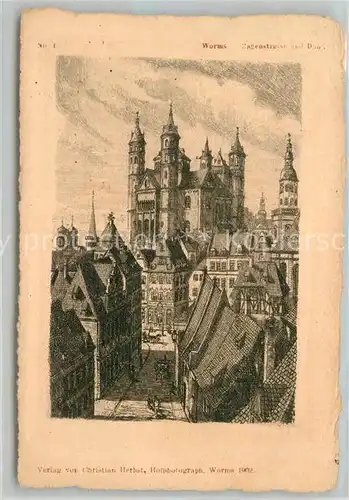 AK / Ansichtskarte Worms_Rhein Hagenstrasse Altstadt mit Dom Zeichnung Kuenstlerkarte Worms Rhein