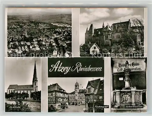 AK / Ansichtskarte Alzey Fliegeraufnahme Schloss Voelkerbrunnen Fischmarkt Deutsches Haus Fachwerkhaus Kirche Bromsilber Alzey