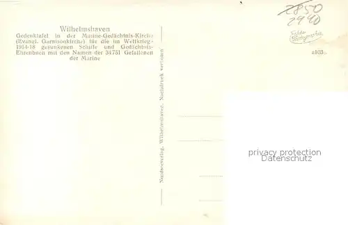 AK / Ansichtskarte Wilhelmshaven Gedenktafel in der Marine Gedaechtnis Kirche Wilhelmshaven