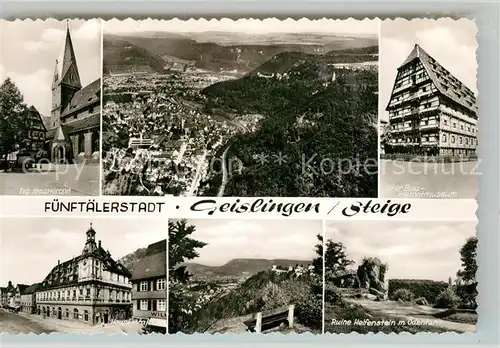 AK / Ansichtskarte Geislingen_Steige Stadtkirche Hauptstrasse Fliegeraufnahme Heimatmuseum oedenturm Ruine Helfenstein Geislingen_Steige
