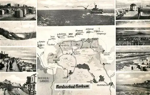 AK / Ansichtskarte Borkum_Nordseebad Teilansichten Strand Promenade Inselkarte Borkum_Nordseebad