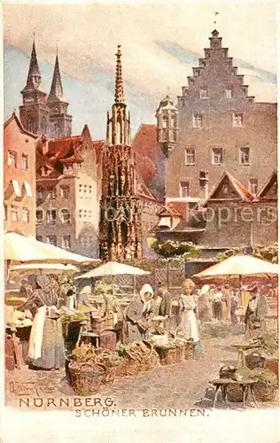 AK / Ansichtskarte Nuernberg Schoener Brunnen Marktplatz Kuenstlerkarte Nuernberg