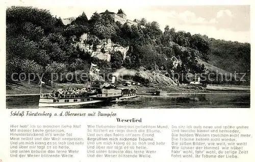 AK / Ansichtskarte Hoexter_Weser Schloss Fuerstenberg Ausflugsdampfer Weserlied Hoexter Weser