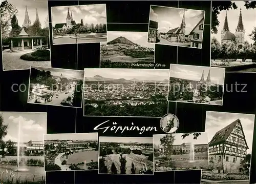 AK / Ansichtskarte Goeppingen Brunnenhaus Oberhofenkirche Stadthalle Park Fachwerkhaus Panorama mit Hohenstaufen Bromsilber Goeppingen