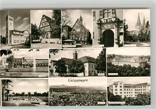 AK / Ansichtskarte Goeppingen Altersheim Fachwerkhaus Klinik Schloss Kirche Stadthalle Rathaus Schule Freibad Panorama Goeppingen
