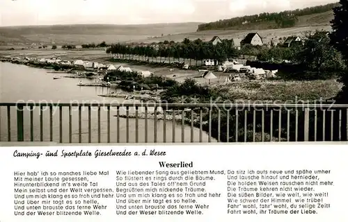 AK / Ansichtskarte Gieselwerder Camping und Sportplatz an der Weser mit Weserlied Gieselwerder