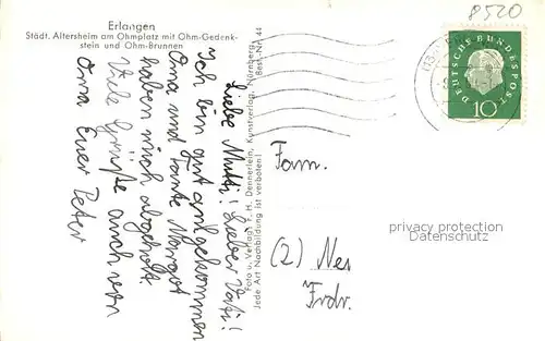 AK / Ansichtskarte Erlangen Staedtisches Altersheim Ohmplatz Ohm Gedenkstein Ohm Brunnen Erlangen
