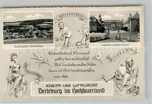 AK / Ansichtskarte Bad_Berleburg Panorama Luftkurort Schloss Wittgenstein Kuranwendungen Karikaturen Bad_Berleburg