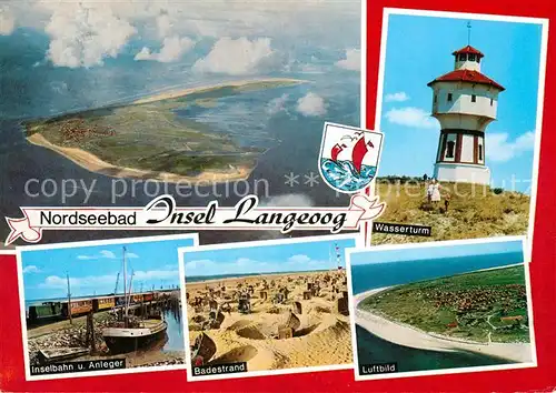 AK / Ansichtskarte Langeoog_Nordseebad Fliegeraufnahmen Wasserturm Inselbahn Anleger Badestrand  Langeoog_Nordseebad