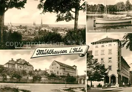 AK / Ansichtskarte Muehlhausen_Thueringen Panorama Gondelteich Krankehaus Sparkasse Muehlhausen Thueringen