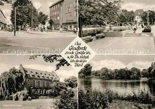 AK / Ansichtskarte Gladbeck Postallee Jovy Platz Haus Wittringen Teich Gladbeck