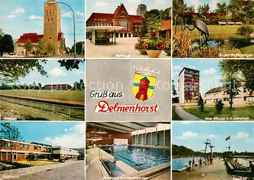 AK / Ansichtskarte Delmenhorst Wasserturm Rathaus Grossanlagen Stadion Holbeinstrasse Stadtbad Schwimmbecken Freibad Delmenhorst