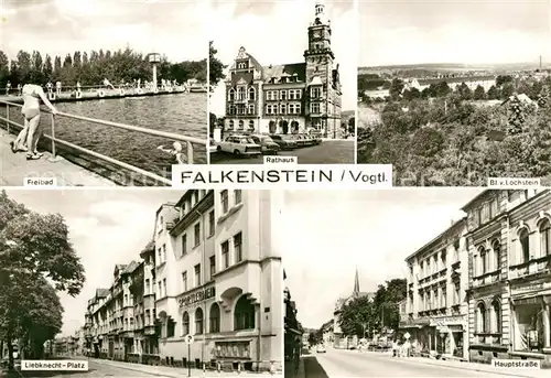 AK / Ansichtskarte Falkenstein_Vogtland Freibad Rathaus Liebknecht Platz Hauptstrasse Falkenstein_Vogtland