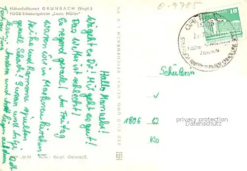 AK / Ansichtskarte Gruenbach_Vogtland FDGB Erholungsheim Louis Mueller Gruenbach_Vogtland